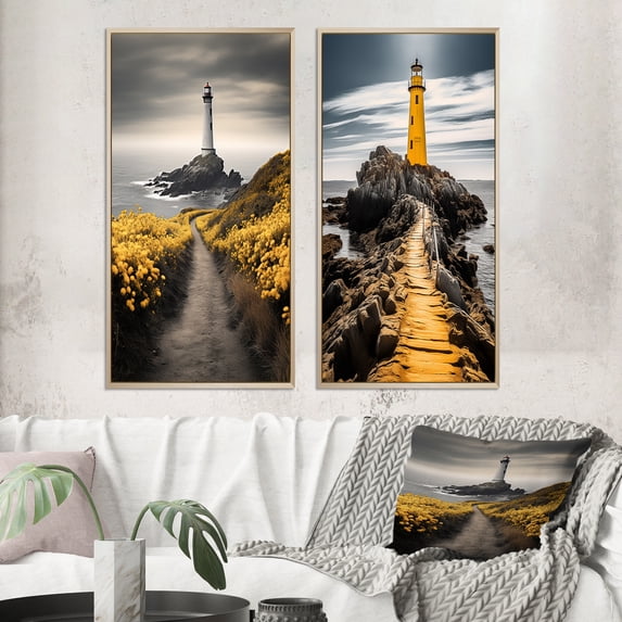 Designart "Misty Coastal Mornings" Coastal Ocean Framed Wall Art Set Of 2 - Grey Beach Framed Canvas Set For Living Room Decor