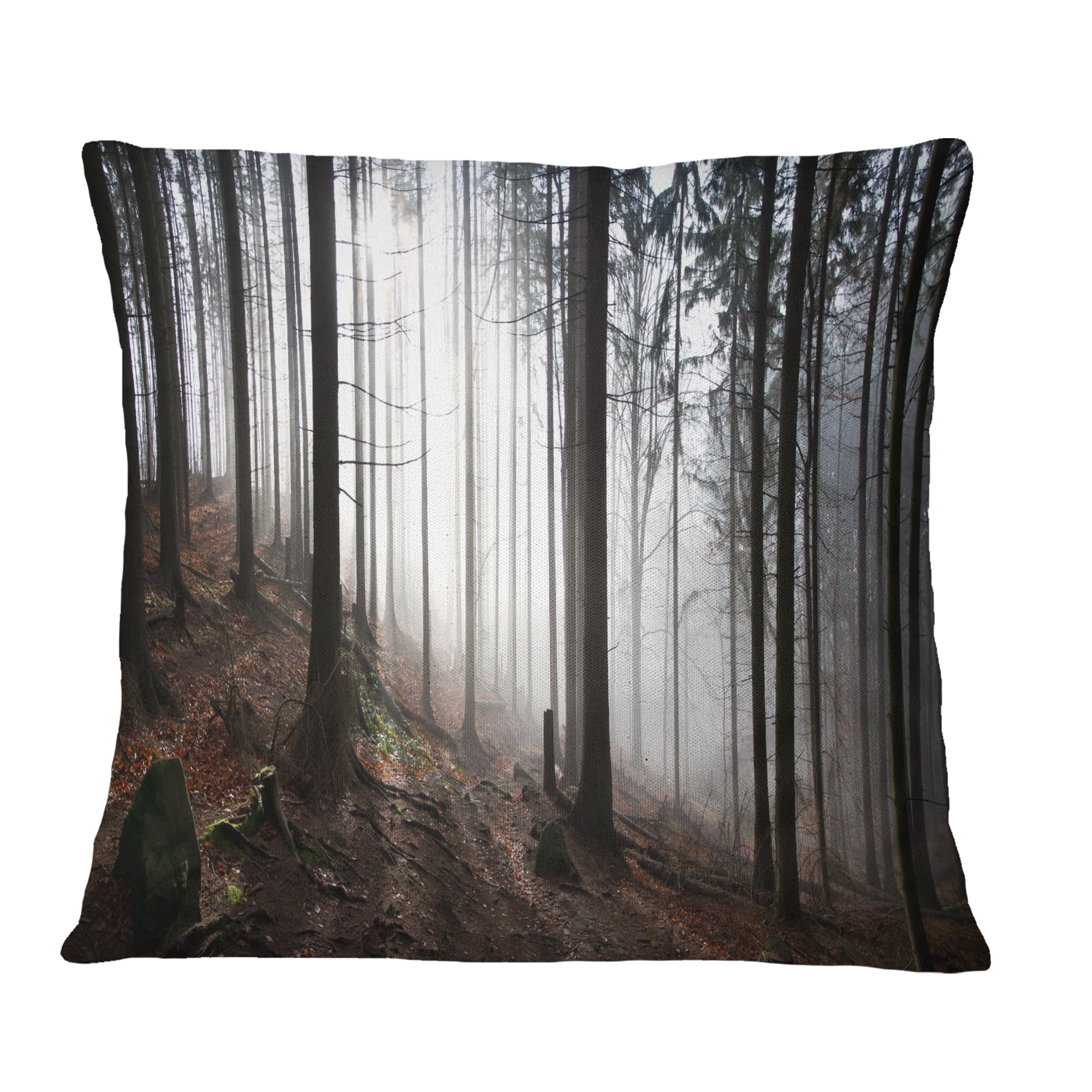 Designart Misty Forest Morning Panorama - Landscape Printed Throw Pillow - 18x18