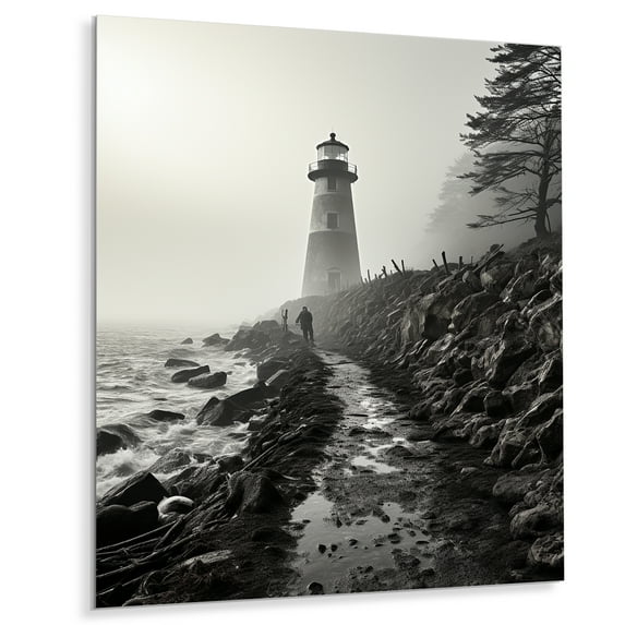 Designart "Misty Horizon Black and White Lighthouse" Nautical & Beach Metal Art Print