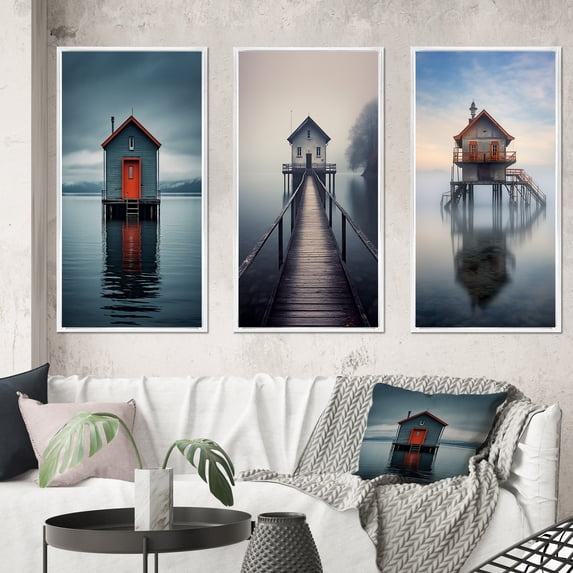 Designart "Misty Lake Scene Wooden Lakehouse I" Lakehouse Framed Wall Art Set Of 3 - Blue Lake House Frame Gallery Set For Office Decor