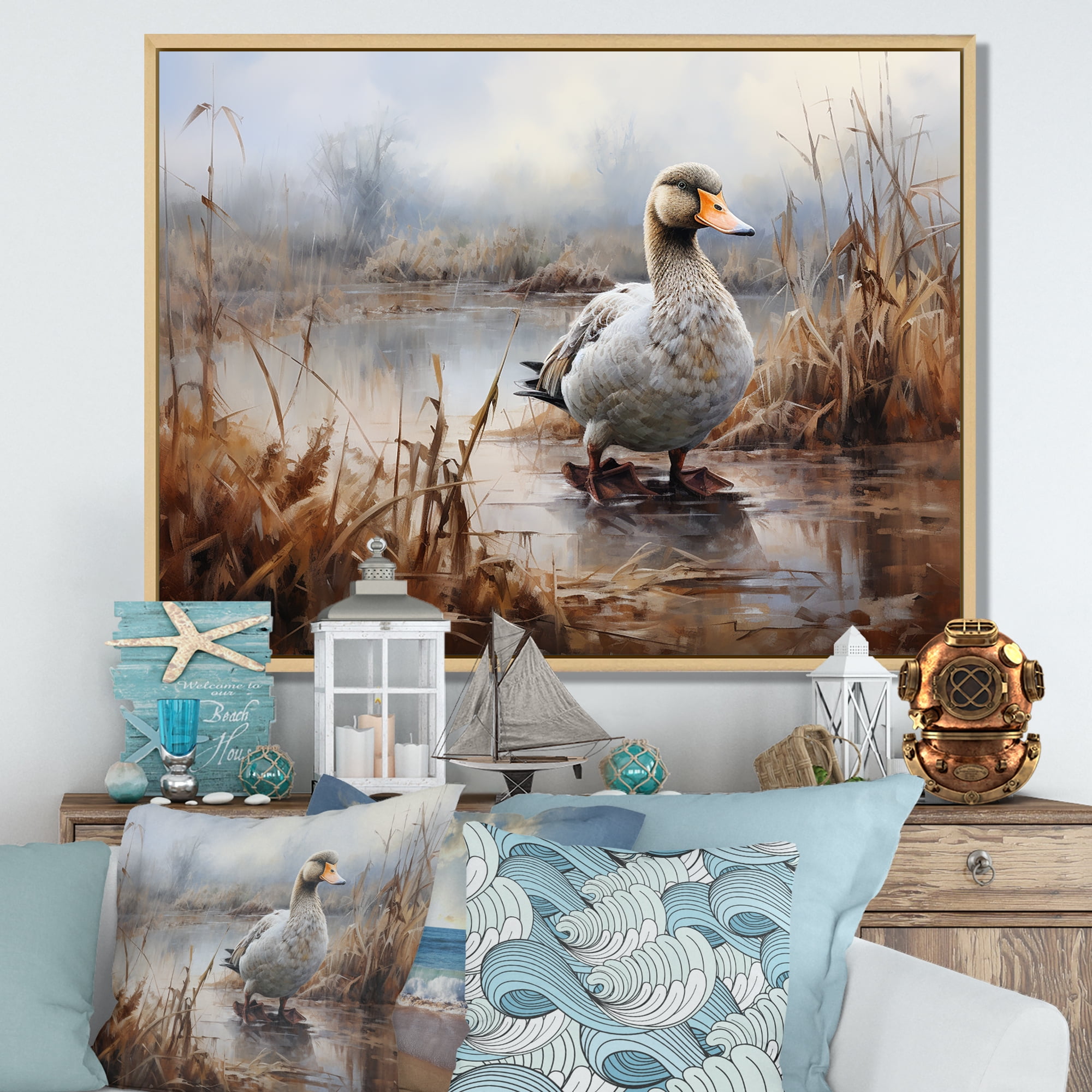 Designart "Misty Marsh Scene with Duck II" Animals Framed Wall Art