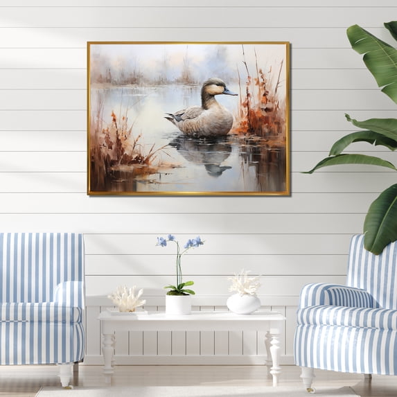 Designart "Misty Marsh Scene with Duck III" Animals Framed Wall Art - Modern Farmhouse Grey Duck Entryway Framed Wall Art Print
