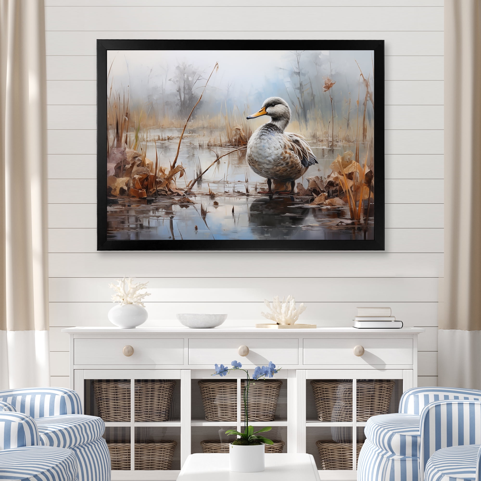 Designart "Misty Marsh Scene with Duck IV" Animals Framed Wall Art