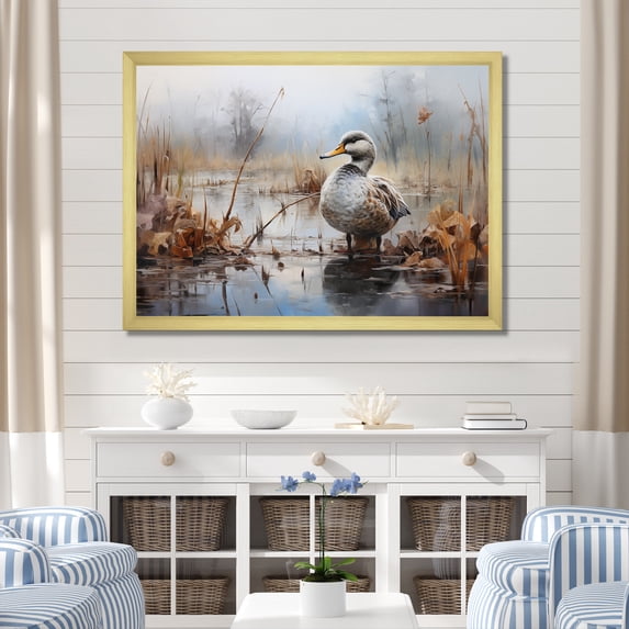 Designart "Misty Marsh Scene with Duck IV" Animals Framed Wall Art Decor - Modern Farmhouse Grey Duck Entryway Framed Wall Art Print