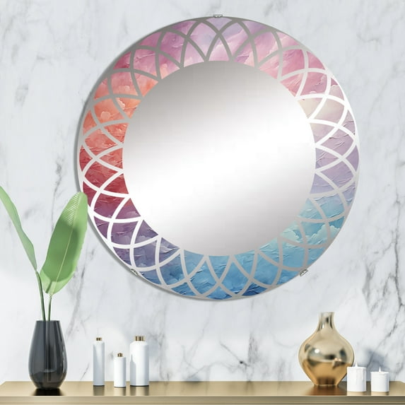Designart "Misty Morning in Colorful Sky Photo" Landscapes Round Wall Mirror - Traditional Oval Printed Decorative Oversized Mirror - Multiple Color Options