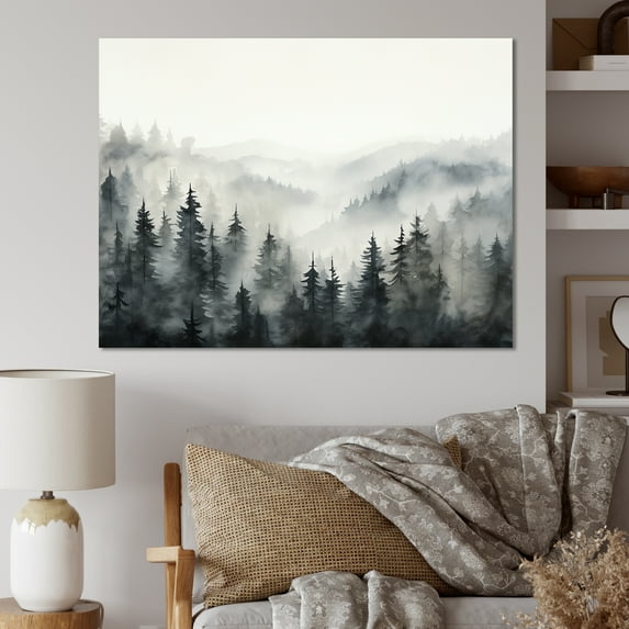 Designart "Misty Morning Forest Horizon In Grey" Forest Wall Art Living Room