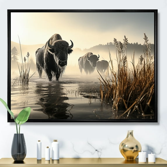 Designart "Misty Morning Grazing Grey Buffalo Serenity I" Animals Floater Framed Canvas Wall Art