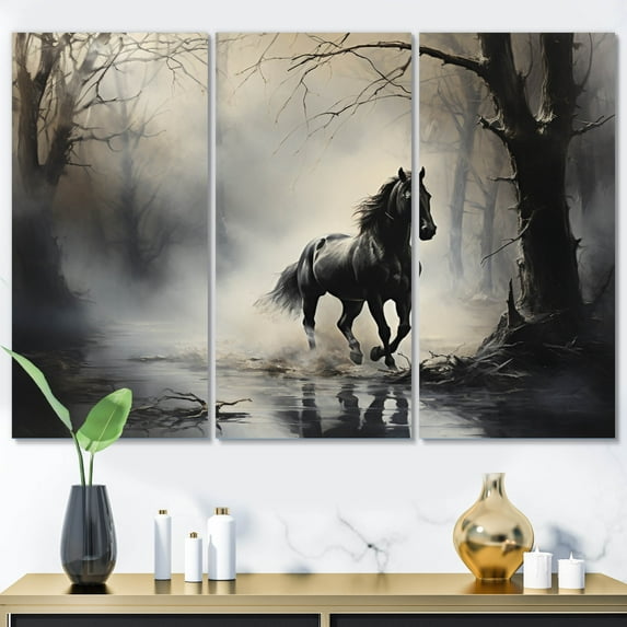 Designart "Misty Morning Grey Horse wall decor I" Animals Metal Wall Decor Set