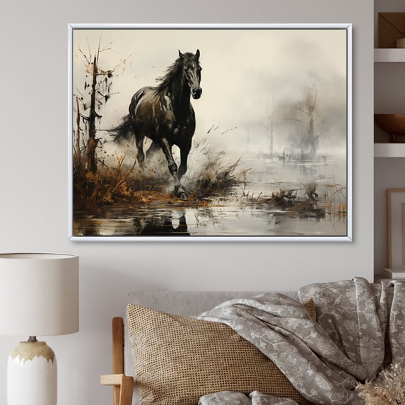Designart "Misty Morning Grey Horse wall decor II" Animals Floater Framed Canvas Wall Art