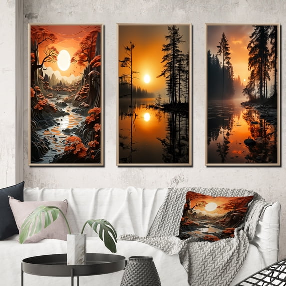 Designart "Misty Morning by the Orange Lake Reflections II" Cottage Framed Wall Art Set Of 3 - Orange Lakes Lakehouse Frame Gallery Set For Office Decor