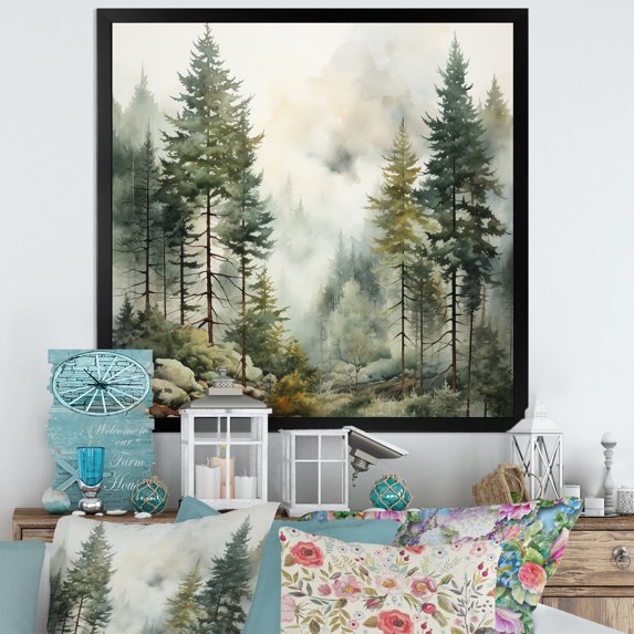 Designart "Misty Morning Pine Tree Charm II" Landscapes Floater Framed Wall Decor