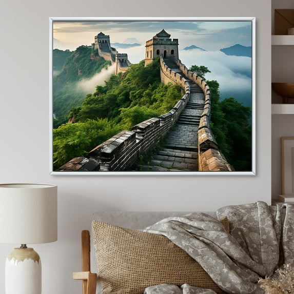 Designart "Misty Morning at the Great Wall of China" Landscapes Framed Wall Art - Traditional Green China Hallway Framed Wall Art Decor