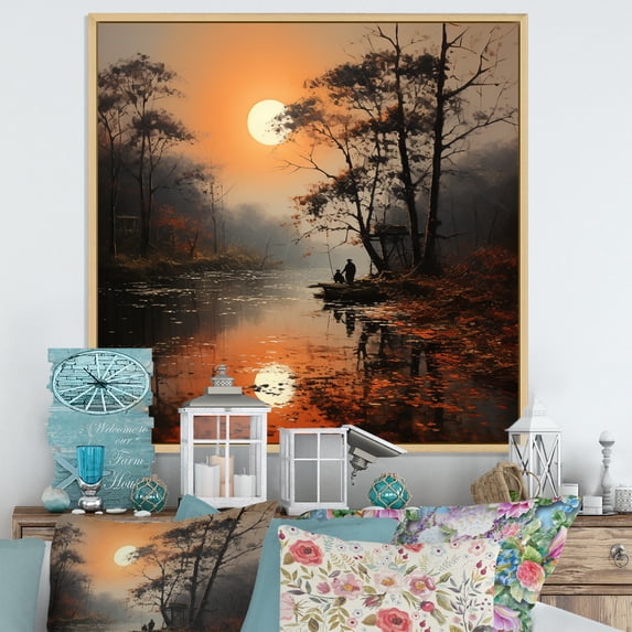 Designart "Misty Morning by the Orange Lake Reflections III" Landscapes Floater Framed Canvas Print