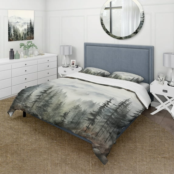 Designart "Misty Mountain Pinescape II" Floral Bedding Covert Set - Tree Pine Green Traditional Bed Set With 2 Shams