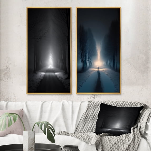 Designart "Misty Road Through Forest Shades III" Landscape Forest Framed Wall Art Set Of 2 - Country Yellow Gallery Wall Frame Set For Home Decor