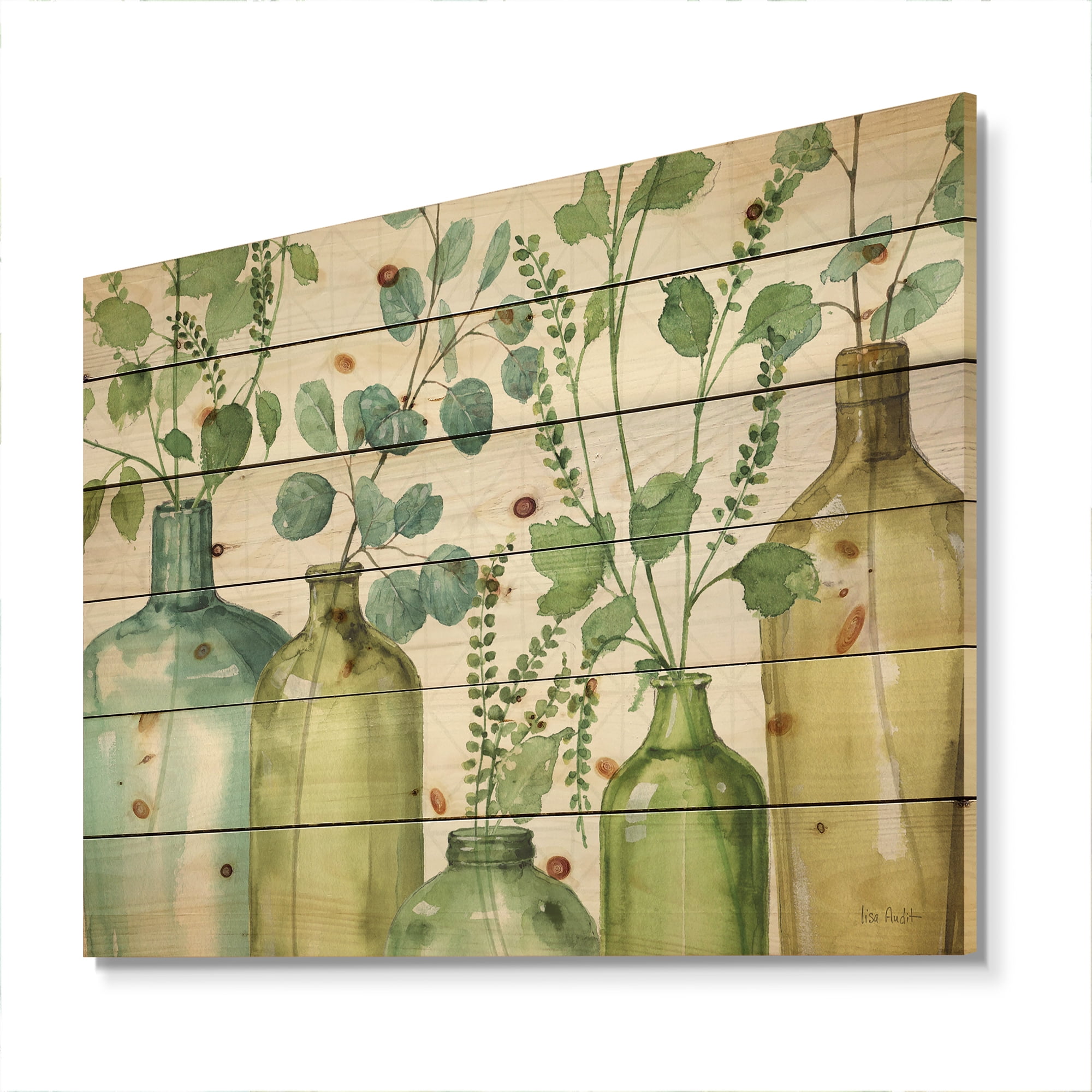Designart 'Mixed Botanical Green Leaves I0' Cottage Print on Natural Pine Wood