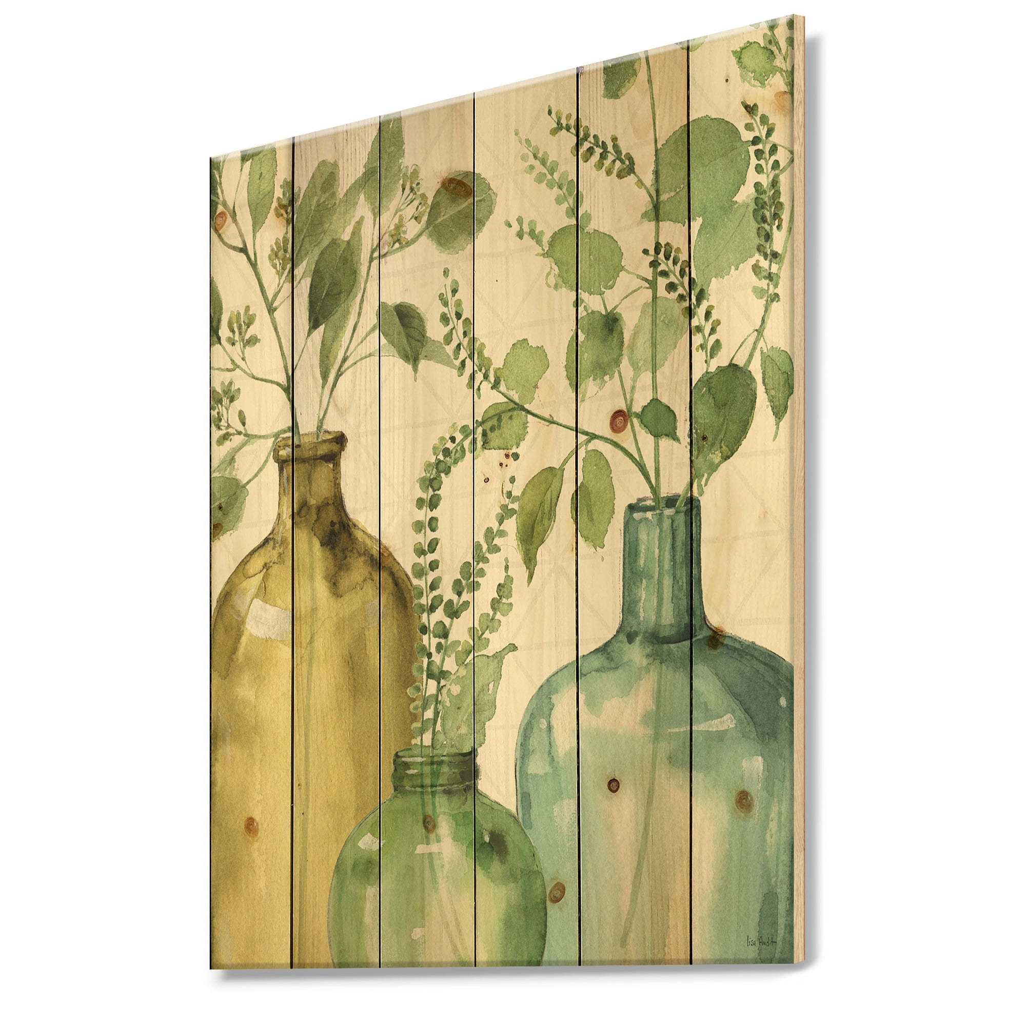 Designart 'Mixed Botanical Green Leaves IX' Cottage Print on Natural Pine Wood