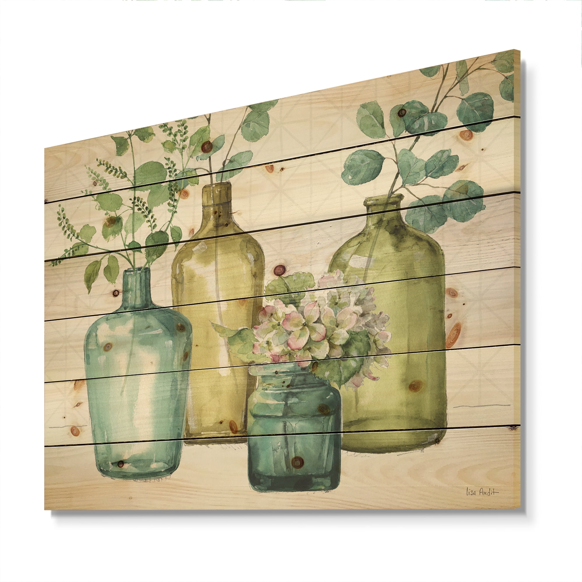 Designart 'Mixed Botanical Green Leaves VIII' Cottage Print on Natural Pine Wood