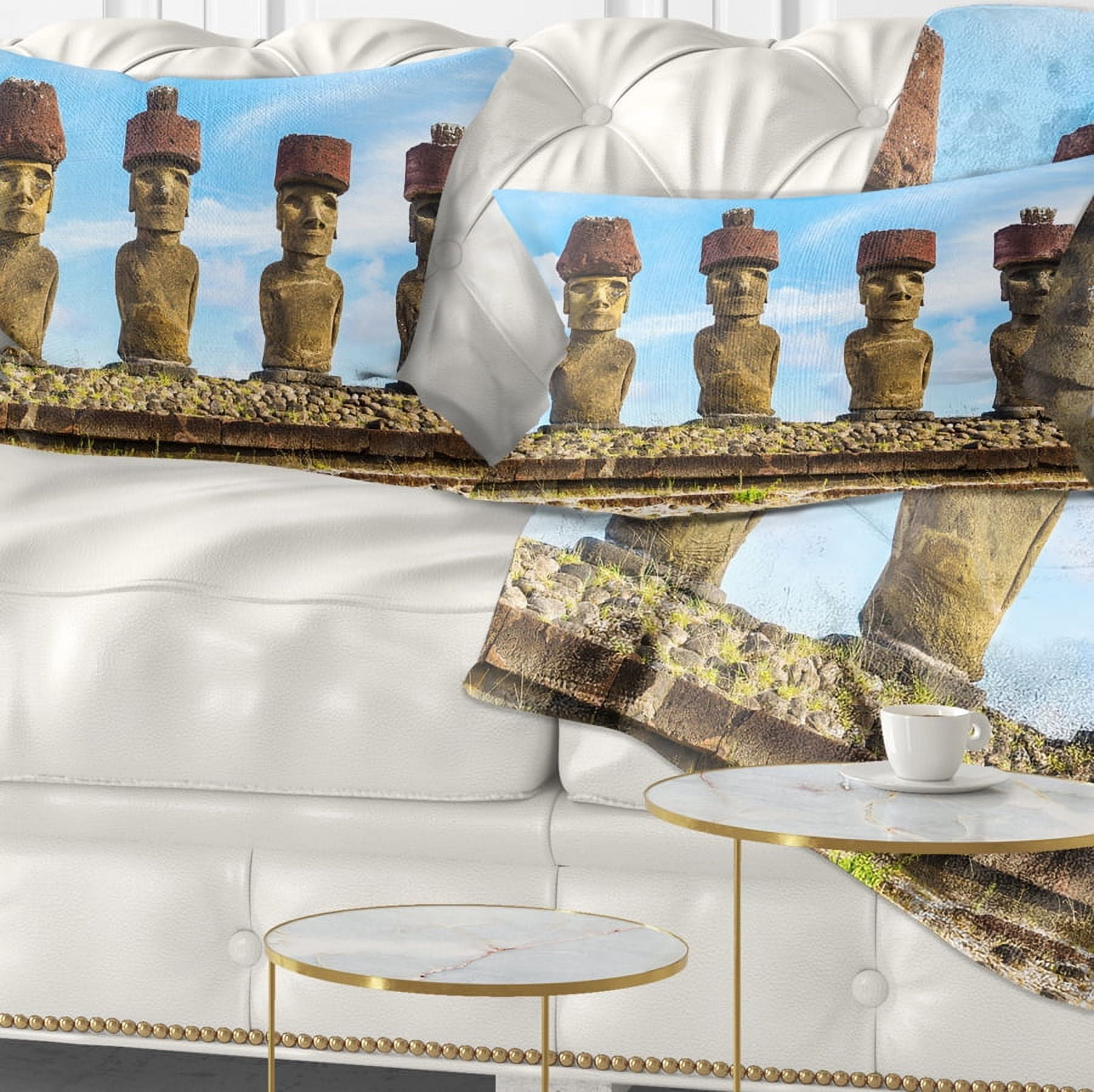Designart Moai with Red Topknot Hat - Portrait Photo Throw Pillow - 12x20