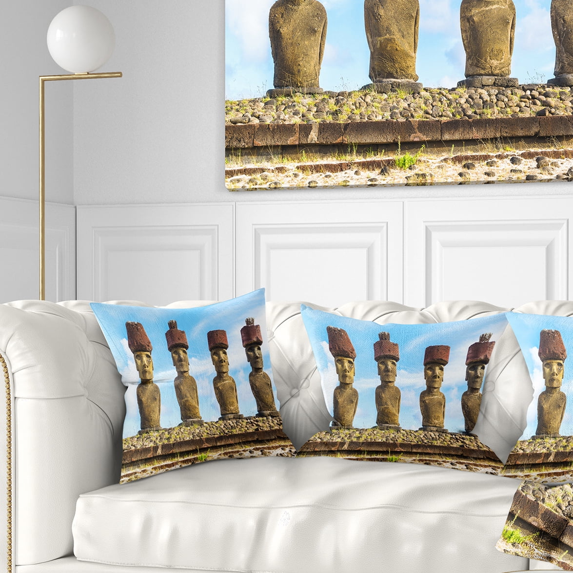 Designart Moai with Red Topknot Hat - Portrait Photo Throw Pillow - 16x16
