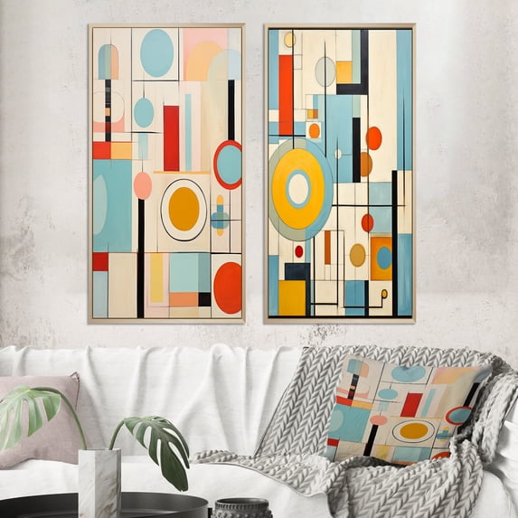 Designart "Mod Geometrics Colorful Mid Century Precision II" Abstract Framed Wall Art Set Of 2 - Multi-Color Abstract Framed Wall Art Set Of 2