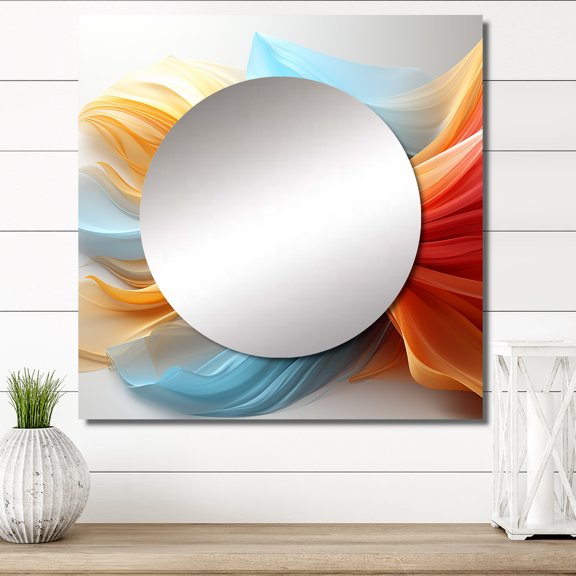 Designart "Modern Abstract Undulations Blue And Orange" Abstract Liquid Ink Square Mirror For Wall Decor - Large Red Square Printed Wall Mirror Art - Wall Mounted Square Large Mirror