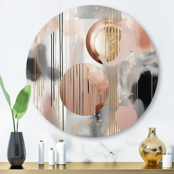 Designart "Modern Art Pink Stripes and Lines II" Modern Shapes Transitional Metal Round Art Print