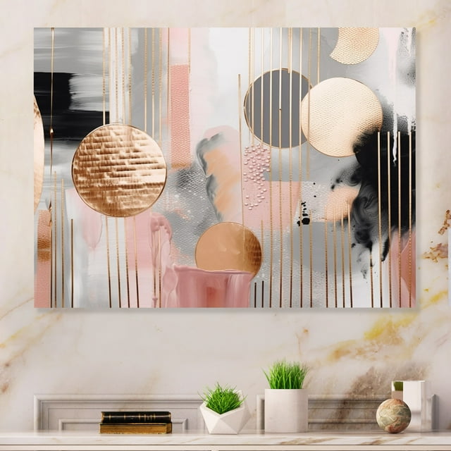 Designart "Modern Art Pink Stripes and Lines III" Modern Shapes Transitional Metal Wall Art