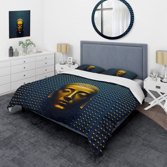 Designart "Modern Buddha Gold and Blue III" Religious Bedding Covert Set - Spiritual Blue Landscapes Bed Set With 2 Shams