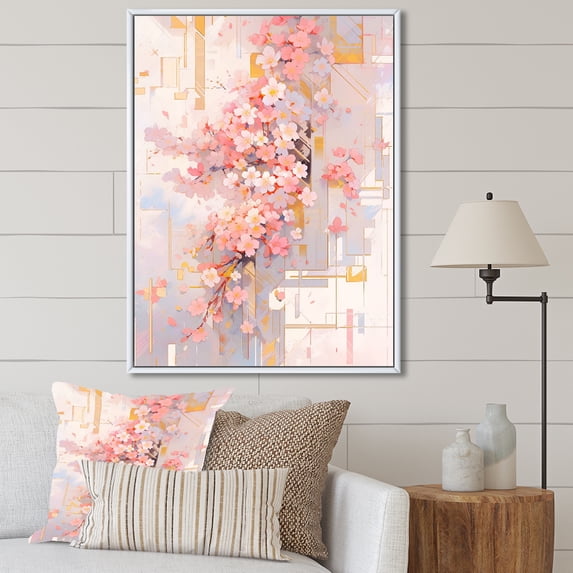Designart "Modern Cherry Blossom Striped Design" Cherry Floater Framed Wall Art Living Room