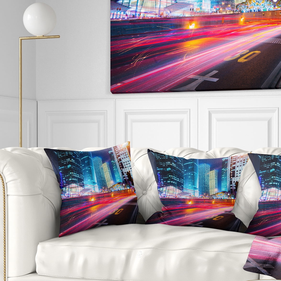 Designart Modern City Night Scene - Cityscape Photo Throw Pillow - 18x18