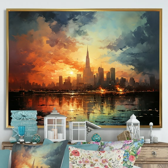 Designart "Modern City Skyline" Sky Floater Framed Wall Art Prints