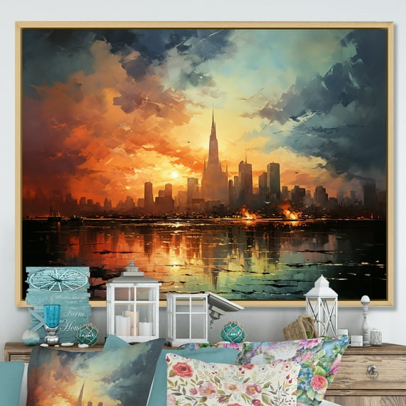 Designart "Modern City Skyline" Sky Floater Framed Wall Art Prints