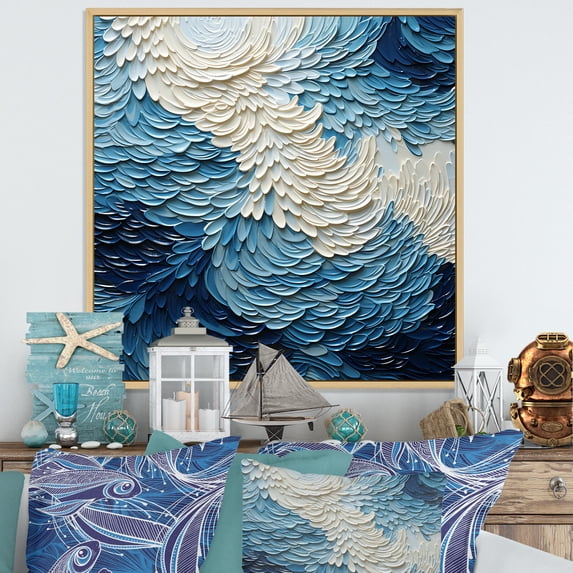 Designart "Modern Coastal Waves in Blue and White III" Coastal Framed Wall Art - Blue Coastal Minimalism Bedroom Framed Canvas Wall Art
