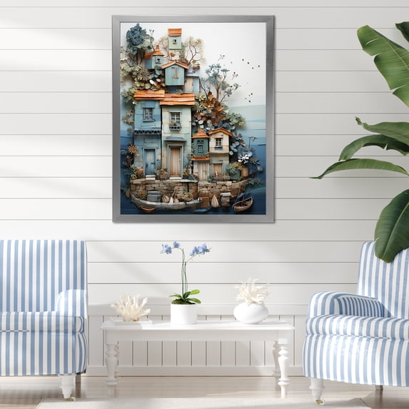 Designart "Modern Collage Fishing Village Life II" Coastal Framed Wall Art - Coastal Blue Coastal Windows Living Room Framed Canvas Art
