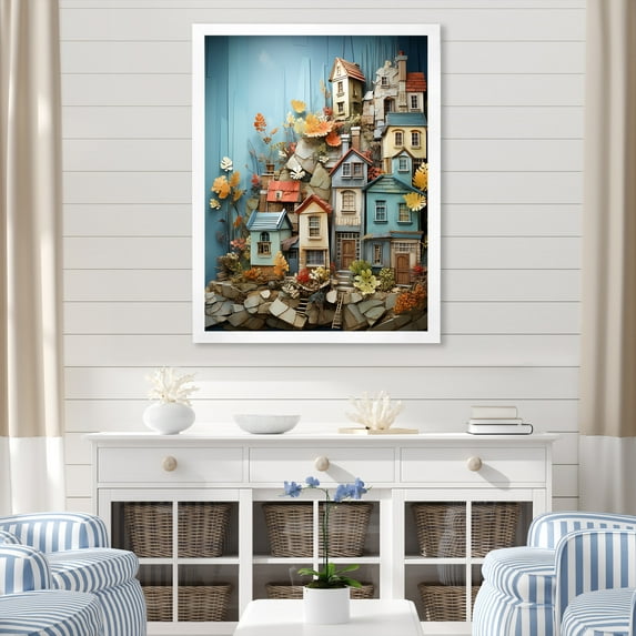 Designart "Modern Collage Fishing Village Life III" Coastal Framed Wall Art - Coastal Blue Coastal Windows Bedroom Framed Canvas Wall Art