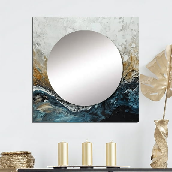 Designart "Modern Contemporary Abstract Grey and Gold II" Abstract Marble Square Mirror For Wall Decor - Large Grey Square Printed Wall Mirror Art - Wall Mounted Square Large Mirror