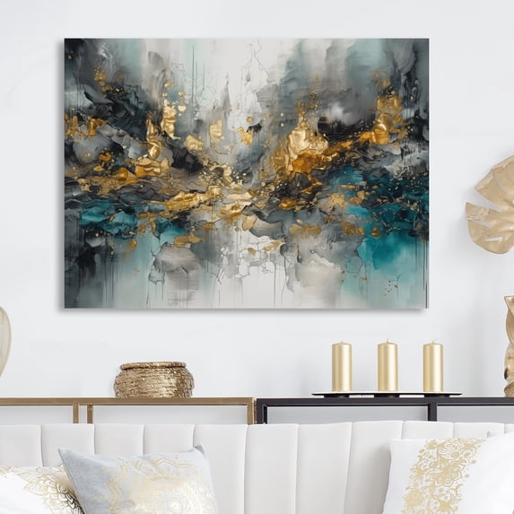 Designart "Modern Contemporary Abstract Grey and Gold I" Abstract Marble Metal Art Living Room