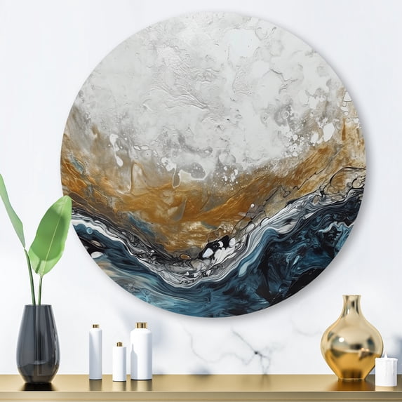 Designart "Modern Contemporary Abstract Grey and Gold II" Abstract Marble Metal Round Wall Decor