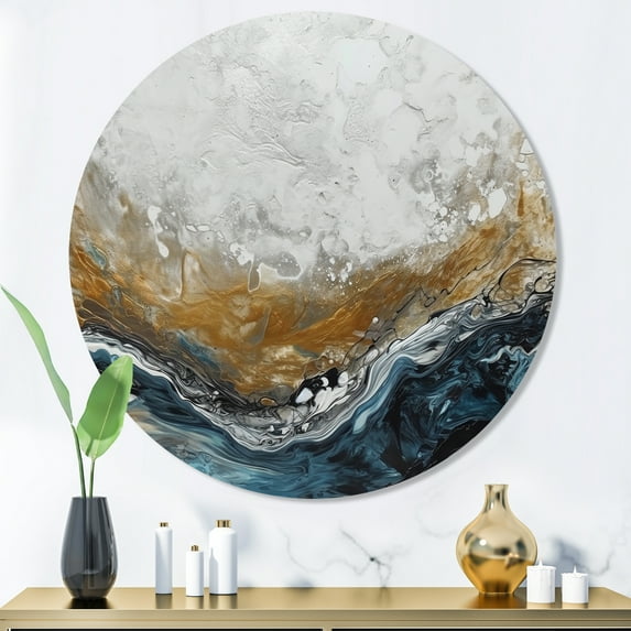 Designart "Modern Contemporary Abstract Grey and Gold II" Abstract Marble Metal Round Wall Decor