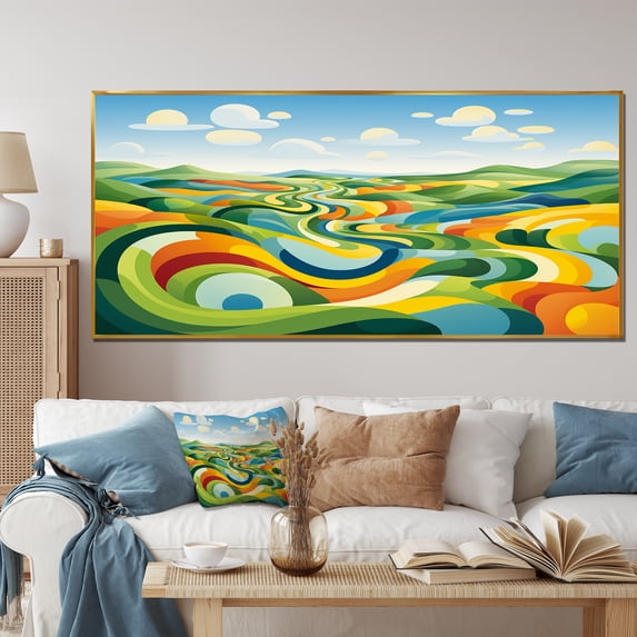 Designart "Modern Farm Horizon Bold and Bright I" Extra Large Landscapes Framed Wall Art - Traditional Green Meadow Living Room Framed Canvas Art