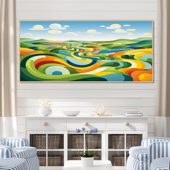 Designart "Modern Farm Horizon Bold and Bright I" Extra Large Landscapes Framed Wall Art - Traditional Green Meadow Living Room Framed Canvas Art