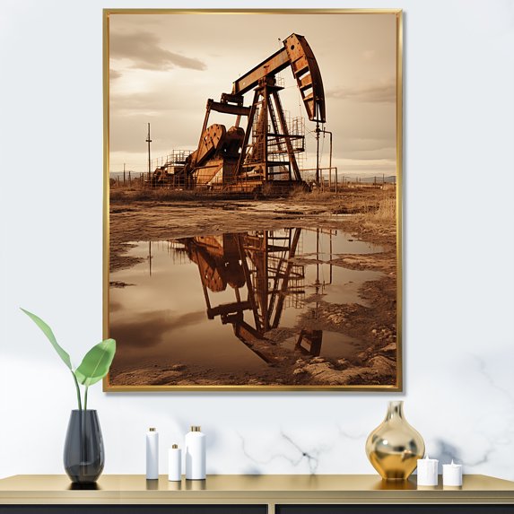 Designart "Modern Field Of Drilling Rigs In Sepia I" Oil Rigs / Fields Floater Framed Wall Art Prints