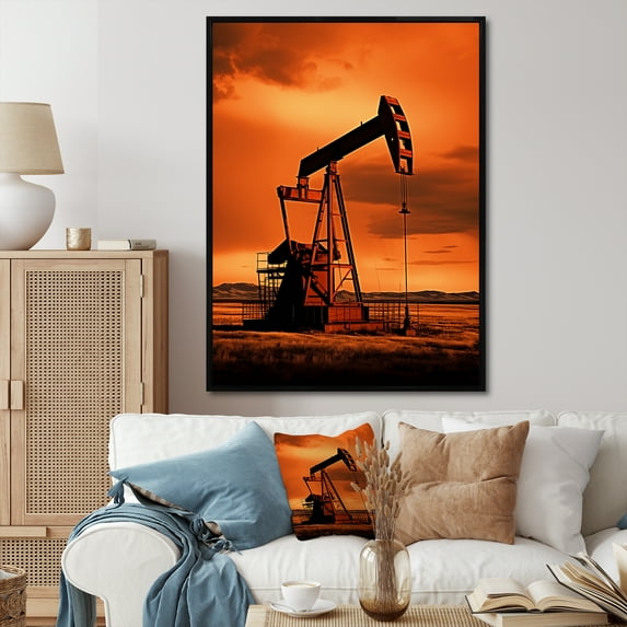 Designart "Modern Field Of Orange Drilling Rigs" Oil Rigs / Fields Floater Framed Canvas Art Print
