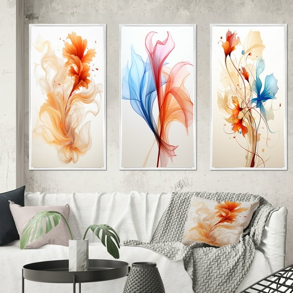 Designart "Modern Floral Watercolor in Orange Hues" Abstract Liquid Ink Framed Wall Art Set Of 3 - Orange Modern Frame Canvas Set For Living Room Decor
