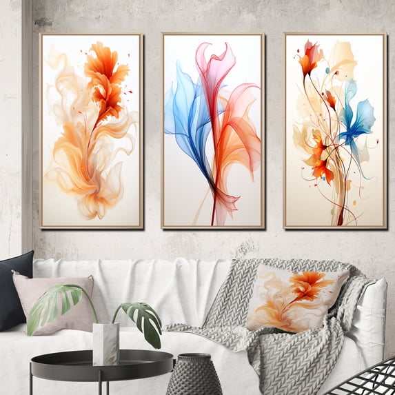 Designart "Modern Floral Watercolor in Orange Hues" Abstract Liquid Ink Framed Wall Art Set Of 3 - Orange Modern Frame Canvas Set For Living Room Decor
