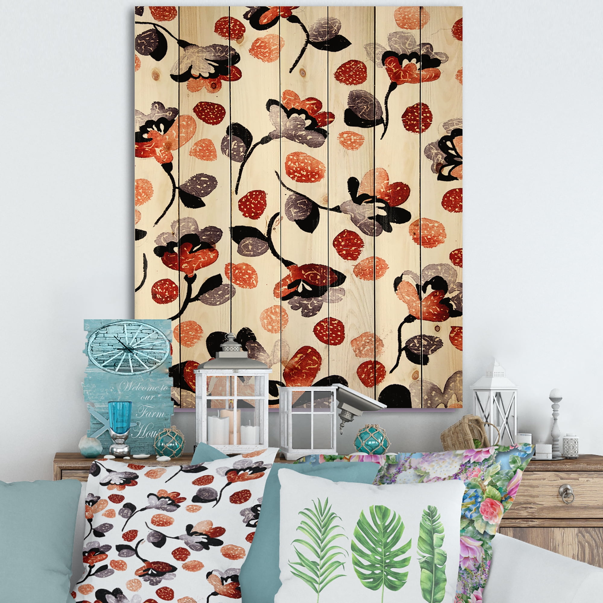 Designart 'Modern Flower In Red Blue and Orange' Bohemian & Eclectic Print on Natural Pine Wood