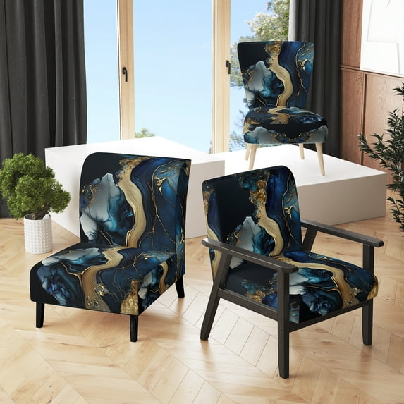 Designart "Modern Fluid Gold And Blue Ii" Upholstered Modern & Contemporary Accent Chair and Marble Abstract Arm Chair - Multiple Color & Pattern