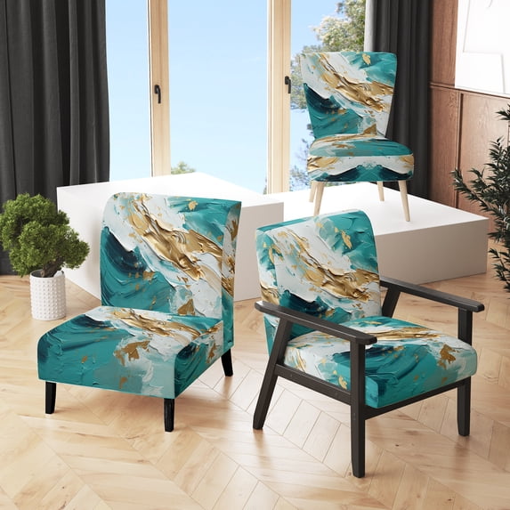 Designart "Modern Fluid Gold And Green Ii" Upholstered Modern & Contemporary Accent Chair and Modern Midcentury Arm Chair - Multiple Color & Pattern