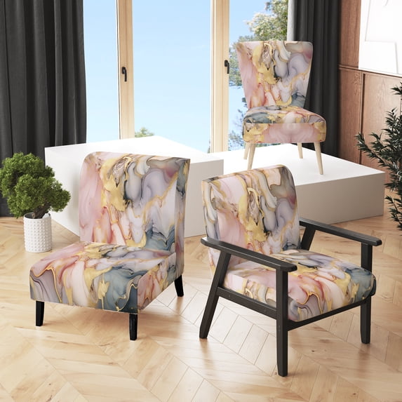 Designart "Modern Fluid Gold And Pink I" Upholstered Modern & Contemporary Accent Chair and Fractals Arm Chair - Multiple Color & Pattern